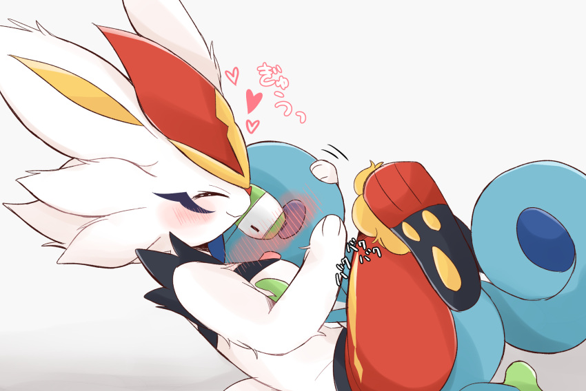 &lt;3 3_fingers 3_toes ambiguous_gender anthro blue_body blush breasts cinderace drizzile duo eyes_closed feet female female/ambiguous fingers hi_res hug lagomorph mammal nintendo open_mouth pok&eacute;mon pok&eacute;mon_(species) prrrrrrmine simple_background toes video_games white_background