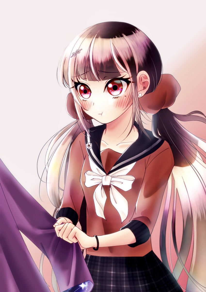 1girl :t bangs black_sailor_collar black_skirt blush bracelet brown_hair collarbone collared_shirt danganronpa_(series) danganronpa_v3:_killing_harmony earrings eyebrows_visible_through_hair floating_hair hair_ornament hair_scrunchie harukawa_maki highres jewelry long_hair long_sleeves miniskirt mole mole_under_eye pink_background plaid plaid_skirt pleated_skirt red_eyes red_scrunchie red_shirt sailor_collar sailor_shirt satori_(blueinc324) school_uniform scrunchie serafuku shiny shiny_hair shirt skirt sleeve_tug solo_focus twintails very_long_hair white_neckwear