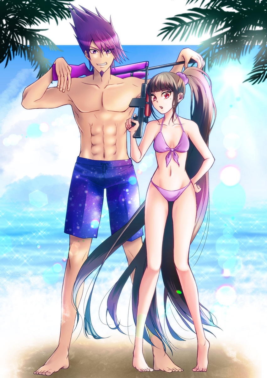 1boy 1girl abs absurdly_long_hair bangs barefoot beach beard bikini blunt_bangs blurry blurry_background breasts brown_hair cleavage collarbone danganronpa_(series) danganronpa_v3:_killing_harmony day eyebrows_visible_through_hair facial_hair front-tie_bikini front-tie_top full_body grin groin gun hair_between_eyes halterneck hand_on_hip harukawa_maki highres holding holding_gun holding_weapon lens_flare long_hair male_swimwear mole mole_under_eye momota_kaito navel ocean outdoors purple_bikini purple_eyes purple_hair red_eyes satori_(blueinc324) shiny shiny_hair shore small_breasts smile sparkle spiked_hair sumer swimsuit swimwear very_long_hair water_gun weapon