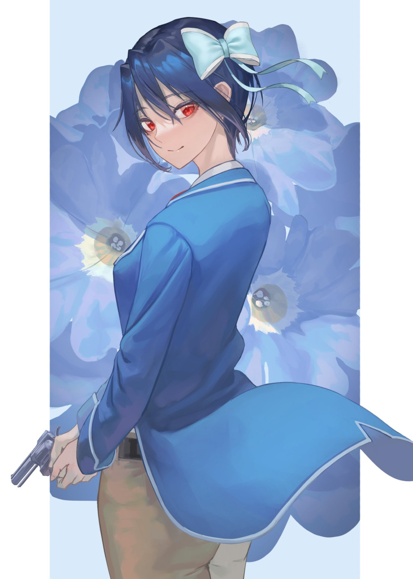 1girl bangs blue_flower blue_hair blue_jacket bow brown_pants closed_mouth commentary_request cowboy_shot flower from_side green_bow gun hair_bow handgun highres holding holding_gun holding_weapon jacket long_sleeves looking_at_viewer looking_back makitoshi0316 mole mole_under_eye nisekoi pants red_eyes short_hair smile solo tsugumi_seishirou weapon