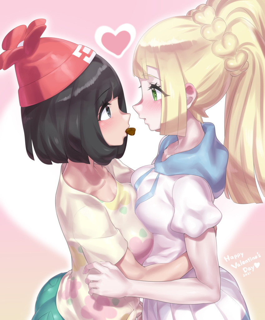 2girls absurdres bangs beanie black_eyes black_hair blonde_hair blunt_bangs breast_press breasts candy chocolate chocolate_heart commentary commentary_request dated dress eye_contact eyebrows_visible_through_hair food green_eyes happy_valentine hat heart highres lillie_(pokemon) long_hair looking_at_another mizuumi_(bb) mouth_hold multiple_girls pokemon pokemon_(game) pokemon_sm red_headwear selene_(pokemon) shirt short_hair short_sleeves valentine white_dress yellow_shirt yuri