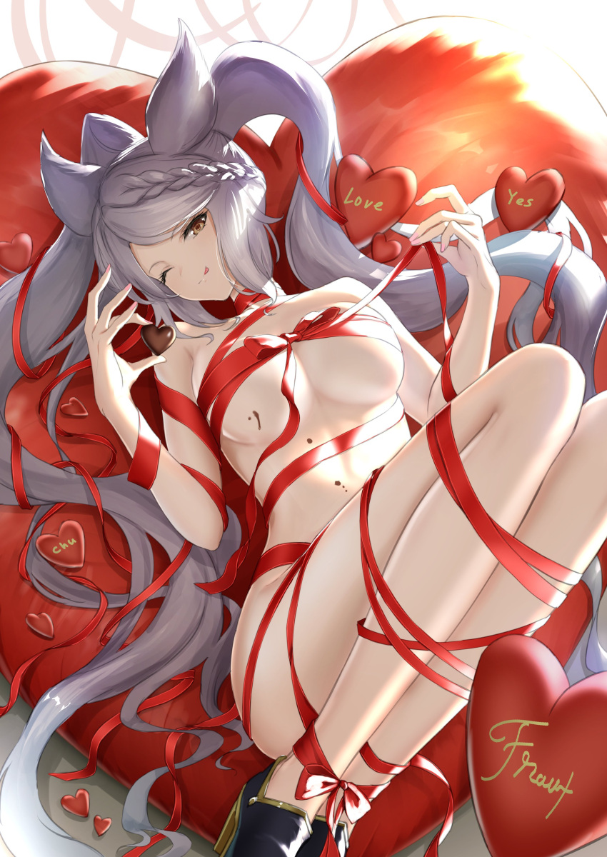 1girl absurdres aiu_eo braid breasts candy character_name chocolate chocolate_heart commentary_request erune food fraux full_body granblue_fantasy heart high_heels highres long_hair lying medium_breasts nude on_back one_eye_closed red_ribbon ribbon silver_hair solo tongue tongue_out twintails valentine