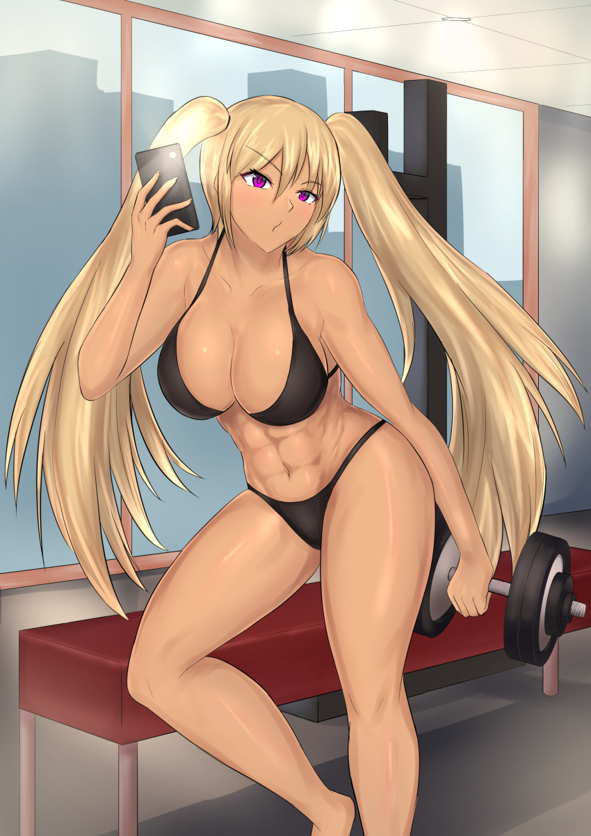 1girl abs absurdres barbell bikini black_bikini blonde_hair breasts building cleavage dark_skin feet_out_of_frame gym highres holding holding_phone indoors kiteno_kiten large_breasts long_hair maid muscular muscular_female navel original phone purple_eyes self_shot solo swimsuit tan twintails window