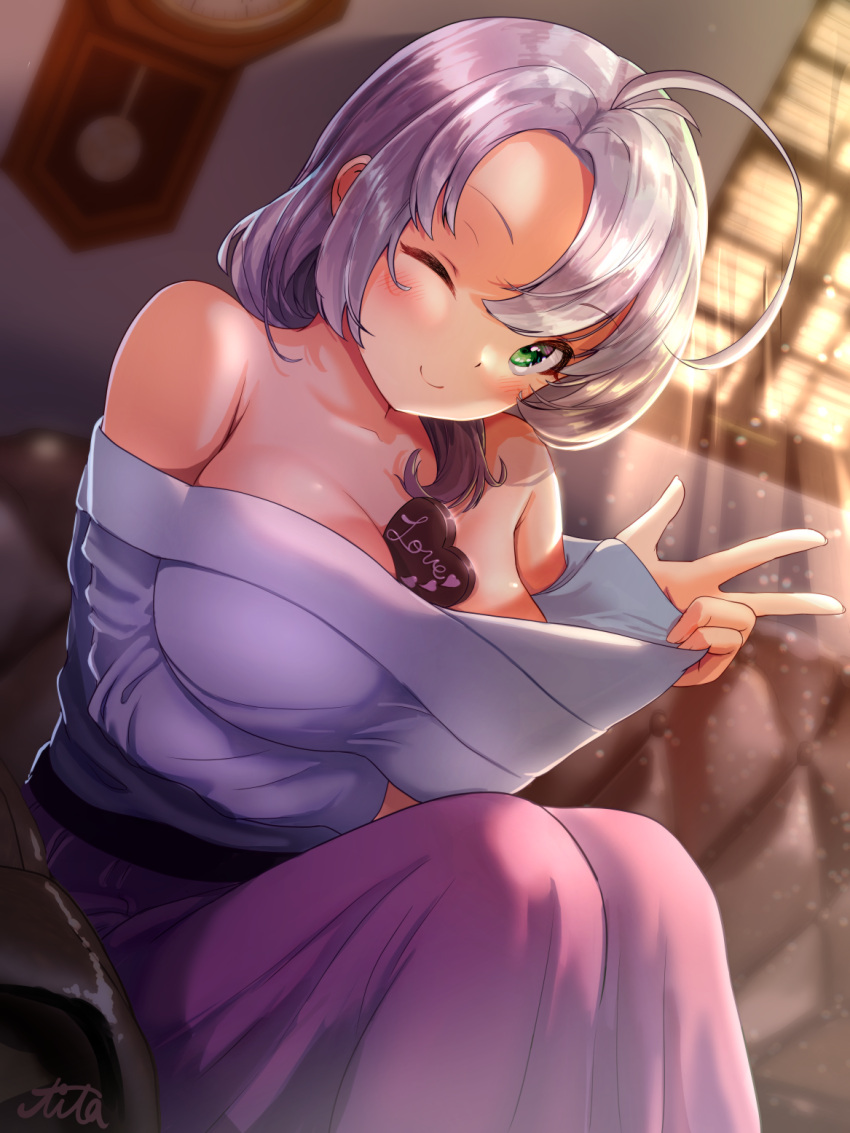 1girl ahoge alternate_costume blush breasts candy chocolate chocolate_heart eyebrows_visible_through_hair food green_eyes grey_hair hair_between_eyes heart highres kantai_collection kinugasa_(kancolle) large_breasts long_hair long_sleeves off-shoulder_shirt off_shoulder one_eye_closed purple_shirt purple_skirt shirt signature skirt smile soba_chatarou_(tita) solo valentine