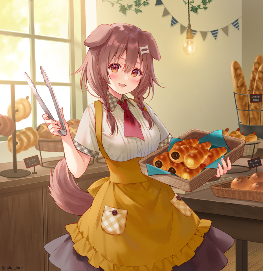 1girl :3 animal_ears anpan apron ascot baguette bakery bangs bone_hair_ornament braid bread brown_eyes brown_hair buttons cartoon_bone chocolate_cornet commentary cowboy_shot dog_ears dog_girl dog_tail dot_nose doughnut dress food fukahire_(ruinon) hair_between_eyes hair_ornament hairclip hanging_light highres holding holding_tray hololive indoors inugami_korone light_bulb long_hair low_twin_braids pennant pocket red_neckwear shirt shop short_sleeves solo tail tray twin_braids twitter_username virtual_youtuber waist_apron white_shirt yellow_apron