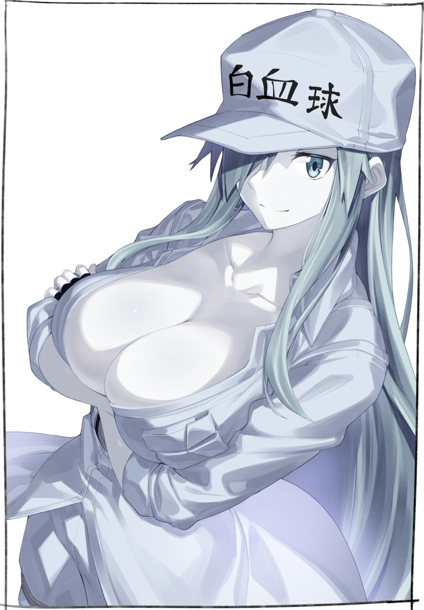 1girl bangs baseball_cap black_gloves breasts cleavage collarbone colored_skin crossed_arms fingerless_gloves gloves grey_eyes hat hataraku_saibou hataraku_saibou_black highres kei_(soundcross) large_breasts long_hair looking_at_viewer simple_background smile u-1196 white_blood_cell_(hataraku_saibou) white_hair white_skin white_uniform