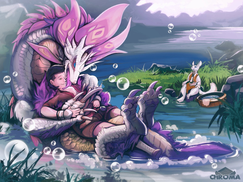 2021 bubble capcom chromamancer claws day detailed_background digital_media_(artwork) feet fingers grass hi_res human leviathan_(mh) male mammal mizutsune monster monster_hunter open_mouth outside partially_submerged plant sky teeth toes tongue video_games water