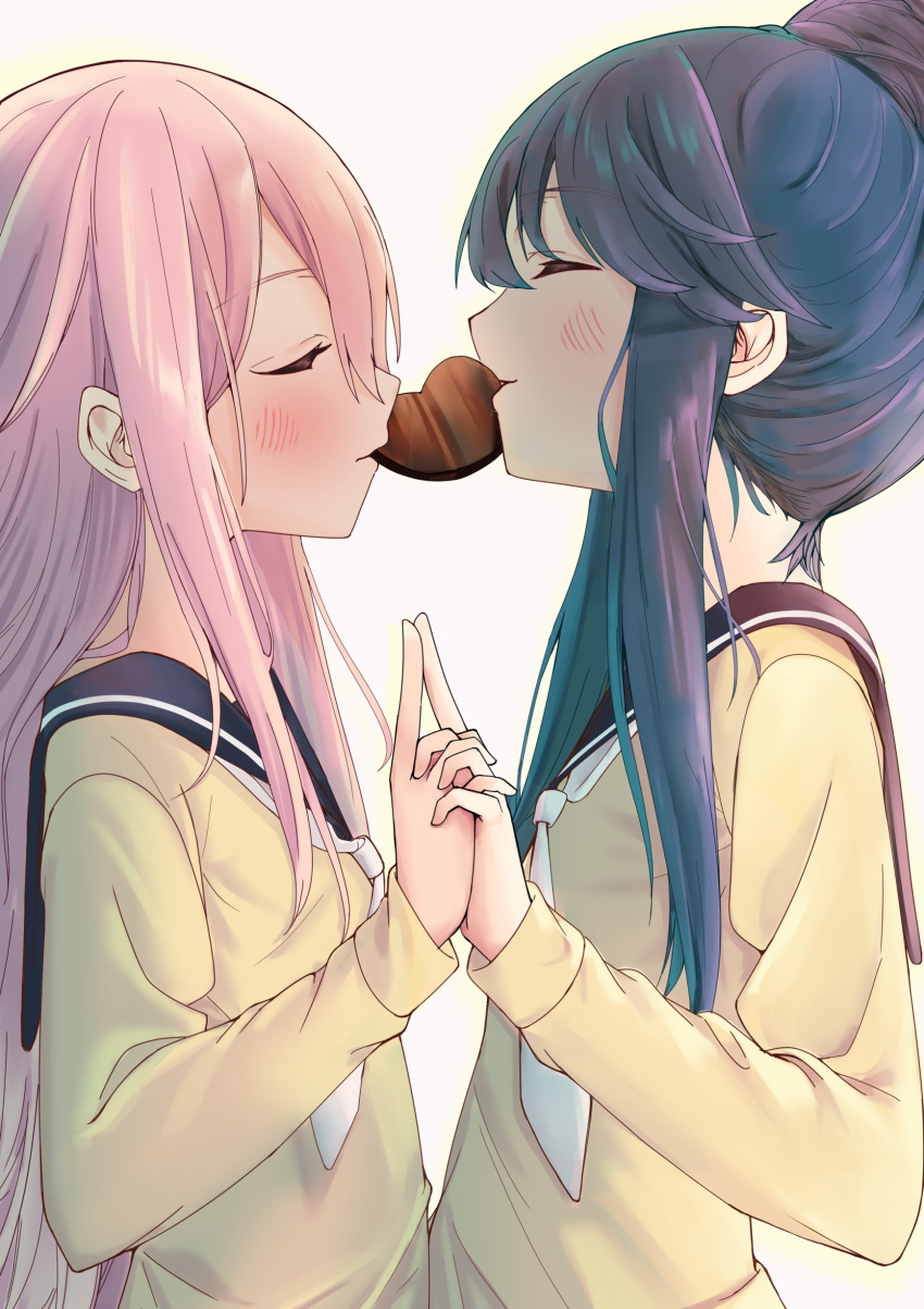 2girls absurdres blue_hair blush candy chocolate chocolate_heart closed_eyes commentary food hair_bun heart highres holding_hands interlocked_fingers kagamihara_nadeshiko kinako_mochi long_hair mouth_hold multiple_girls pink_hair school_uniform shared_food shima_rin simple_background upper_body white_background yuri yurucamp