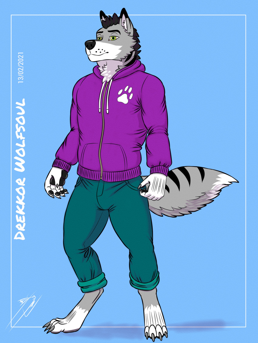 absurd_res anthro canid canine canis clothed clothing drekkor_wolfsoul_(drekkorwolfsoul) drekkorwolfsoul hi_res male mammal simple_background solo text wolf