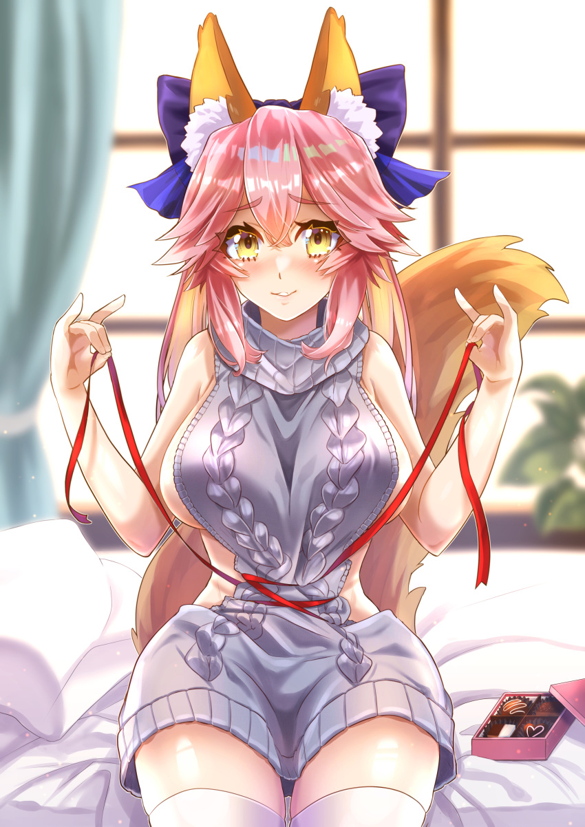 1girl absurdres animal_ear_fluff animal_ears backless_dress backless_outfit bangs bare_shoulders blush bow box breasts chocolate dress fate/extra fate_(series) fox_ears fox_girl fox_tail gift gift_box hair_between_eyes hair_bow highres kanikanidosanko large_breasts long_hair looking_at_viewer meme_attire pink_hair red_ribbon ribbon sideboob sidelocks sitting sweater sweater_dress tail tamamo_(fate)_(all) tamamo_no_mae_(fate) thighhighs thighs twintails virgin_killer_sweater white_legwear yellow_eyes