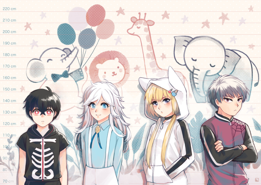 1girl 3boys absurdres arms_at_sides arms_behind_back black_hair blonde_hair blue_eyes blue_shirt blush crossed_arms elephant giraffe hair_between_eyes hand_in_pocket height_chart highres hood hoodie iwakiyamayukisatoshironanogojuurokushi_akira jacket kemono_jihen kon_(kemono_jihen) kusaka_kabane long_hair low_twintails multiple_boys mululeee purple_jacket red_eyes shirt short_sleeves skeleton_print smile standing suspenders tademaru_shiki twintails