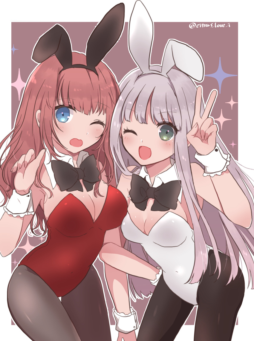 2girls absurdres animal_ears atelier_(series) atelier_rorona atelier_totori breasts cleavage detached_collar fake_animal_ears haruna_(citrus_love_i) highres leotard long_hair looking_at_viewer multiple_girls open_mouth pantyhose playboy_bunny rabbit_ears rororina_fryxell smile strapless strapless_leotard totooria_helmold wrist_cuffs