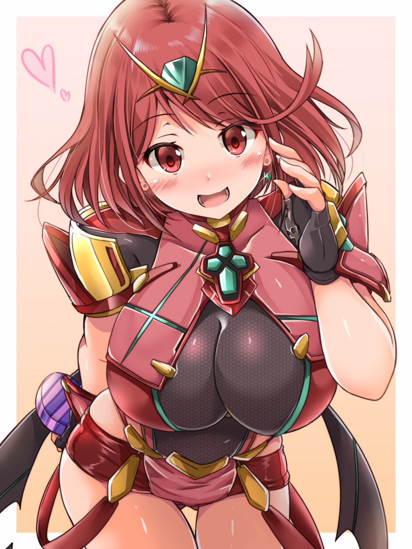 breasts candy chocolate chocolate_heart earrings fingerless_gloves food gloves heart highres jewelry kurokaze_no_sora large_breasts pyra_(xenoblade) red_eyes red_hair short_hair skindentation xenoblade_chronicles_(series) xenoblade_chronicles_2