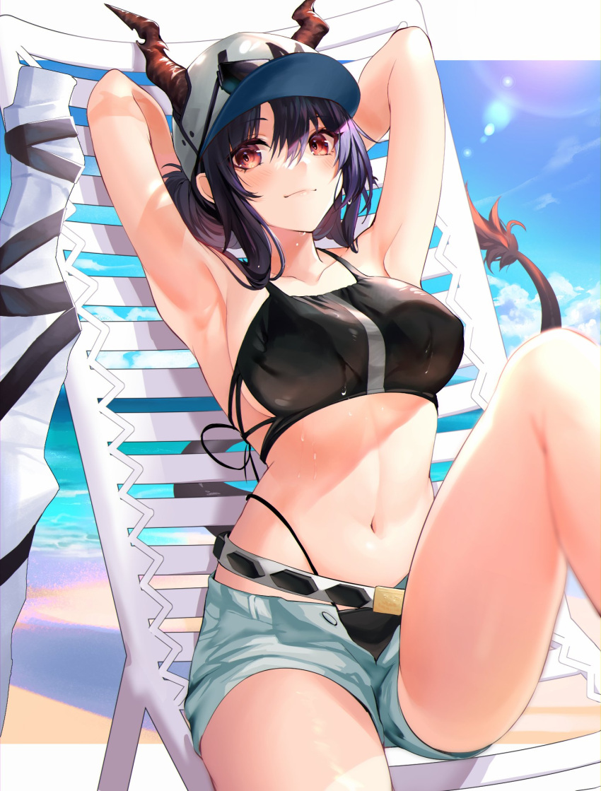 1girl arknights armpits arms_behind_head arms_up bare_arms bare_shoulders baseball_cap beach_chair bikini black_bikini blue_hair blue_sky breasts ch'en_(arknights) commentary_request day dragon_horns female_tourist_c_(arknights) grey_shorts hat highres horns horns_through_headwear knee_up large_breasts looking_at_viewer navel open_fly red_eyes short_hair short_shorts shorts sky solo spica_(spica_1510) stomach swimsuit thighs white_headwear