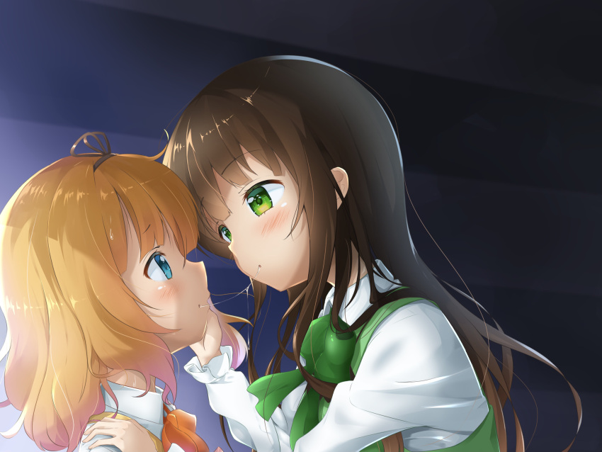 2girls after_kiss black_hair blonde_hair blue_eyes blush commentary crown_hair_ornament eye_contact gochuumon_wa_usagi_desu_ka? green_eyes hand_on_another's_face hand_on_another's_shoulder highres indoors kirima_sharo long_hair looking_at_another medium_hair mika_miche multiple_girls rabbit_house_uniform saliva saliva_trail ujimatsu_chiya vest yuri