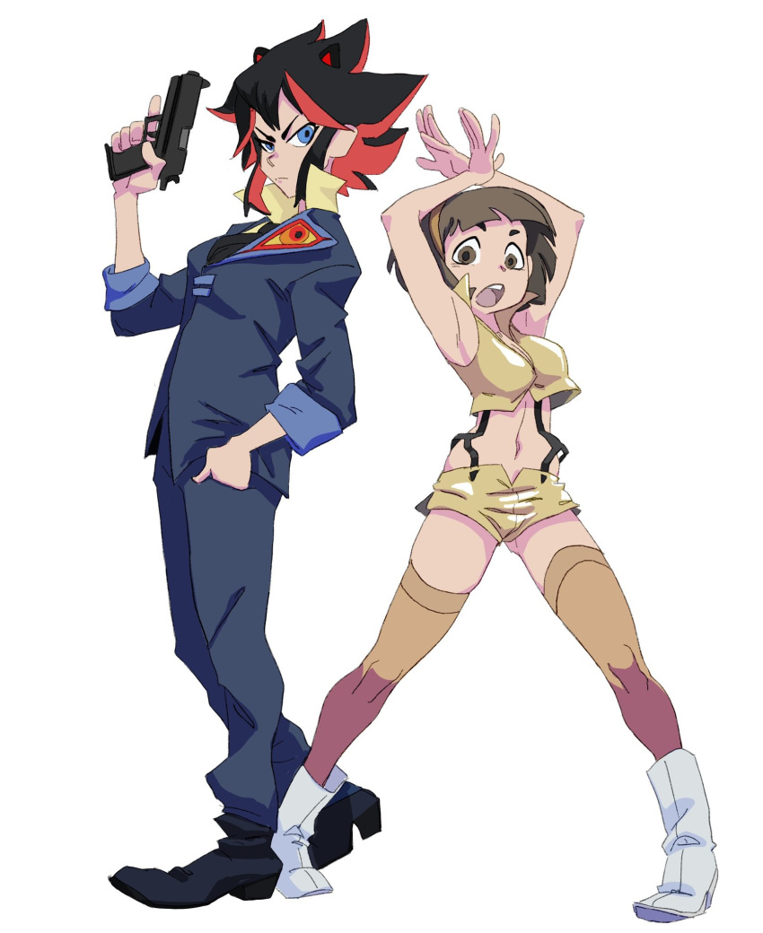 2girls americanninjax armpits arms_up black_footwear blue_eyes boots breasts brown_eyes brown_hair cosplay cowboy_bebop faye_valentine faye_valentine_(cosplay) formal full_body gun hand_in_pocket highres holding holding_gun holding_weapon kill_la_kill long_sleeves looking_at_viewer mankanshoku_mako matoi_ryuuko medium_breasts midriff multiple_girls navel open_mouth senketsu shoes short_hair shorts simple_background spike_spiegel spike_spiegel_(cosplay) standing suit thighhighs weapon white_background white_footwear yellow_legwear yellow_shorts