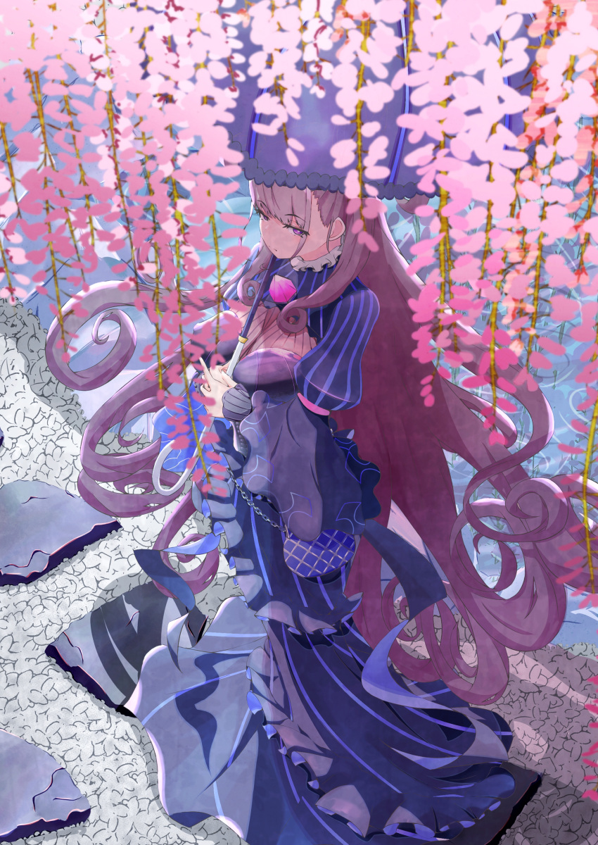 1girl absurdres amethyst_(gemstone) black_dress blue_umbrella brown_hair dress fate/grand_order fate_(series) flower frilled_umbrella gem hair_up highres iroha_mochi juliet_sleeves long_sleeves looking_at_viewer looking_up murasaki_shikibu_(fate) puff_and_slash_sleeves puffy_sleeves purple_eyes sei_shounagon_(fate) solo two_side_up umbrella wisteria