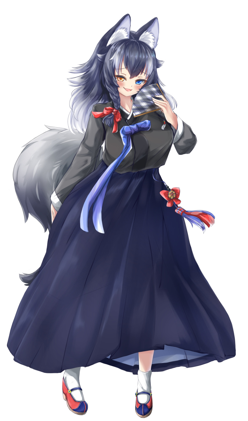 1girl absurdres animal_ear_fluff animal_ears black_hair blue_eyes blue_ribbon blush breasts eyebrows_visible_through_hair fan fang full_body grey_wolf_(kemono_friends) heterochromia highres kemono_friends large_breasts multicolored_hair red_ribbon ribbon simple_background solo tail two-tone_hair white_background white_hair wolf_ears wolf_girl wolf_tail yellow_eyes yeo_arin