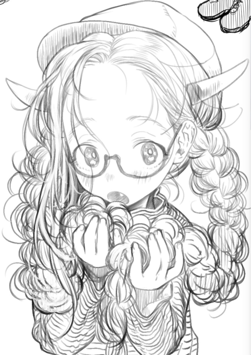 1girl :o bosako_(haguhagu) braid fang glasses greyscale haguhagu_(rinjuu_circus) hat highres horns looking_at_viewer messy_hair monochrome open_mouth original semi-rimless_eyewear solo striped striped_sweater sweater twin_braids under-rim_eyewear upper_body