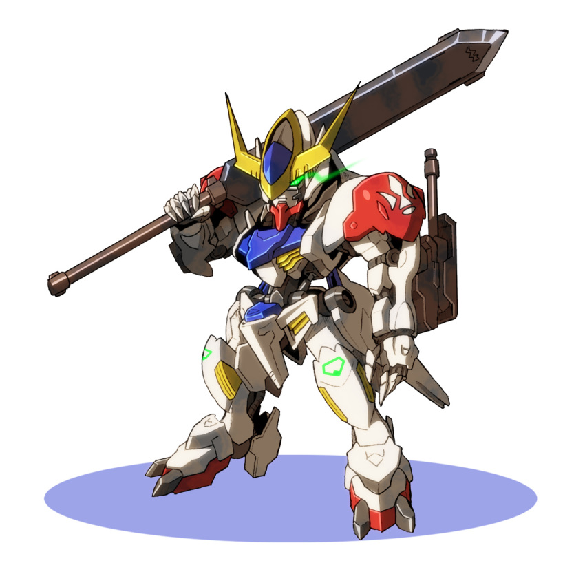 arm_cannon chibi glowing glowing_eye green_eyes gundam gundam_barbatos gundam_barbatos_lupus gundam_tekketsu_no_orphans highres holding holding_sword holding_weapon ibuki_sakura_(sgw_v07) mecha mobile_suit no_humans over_shoulder science_fiction solo sword v-fin weapon weapon_over_shoulder white_background