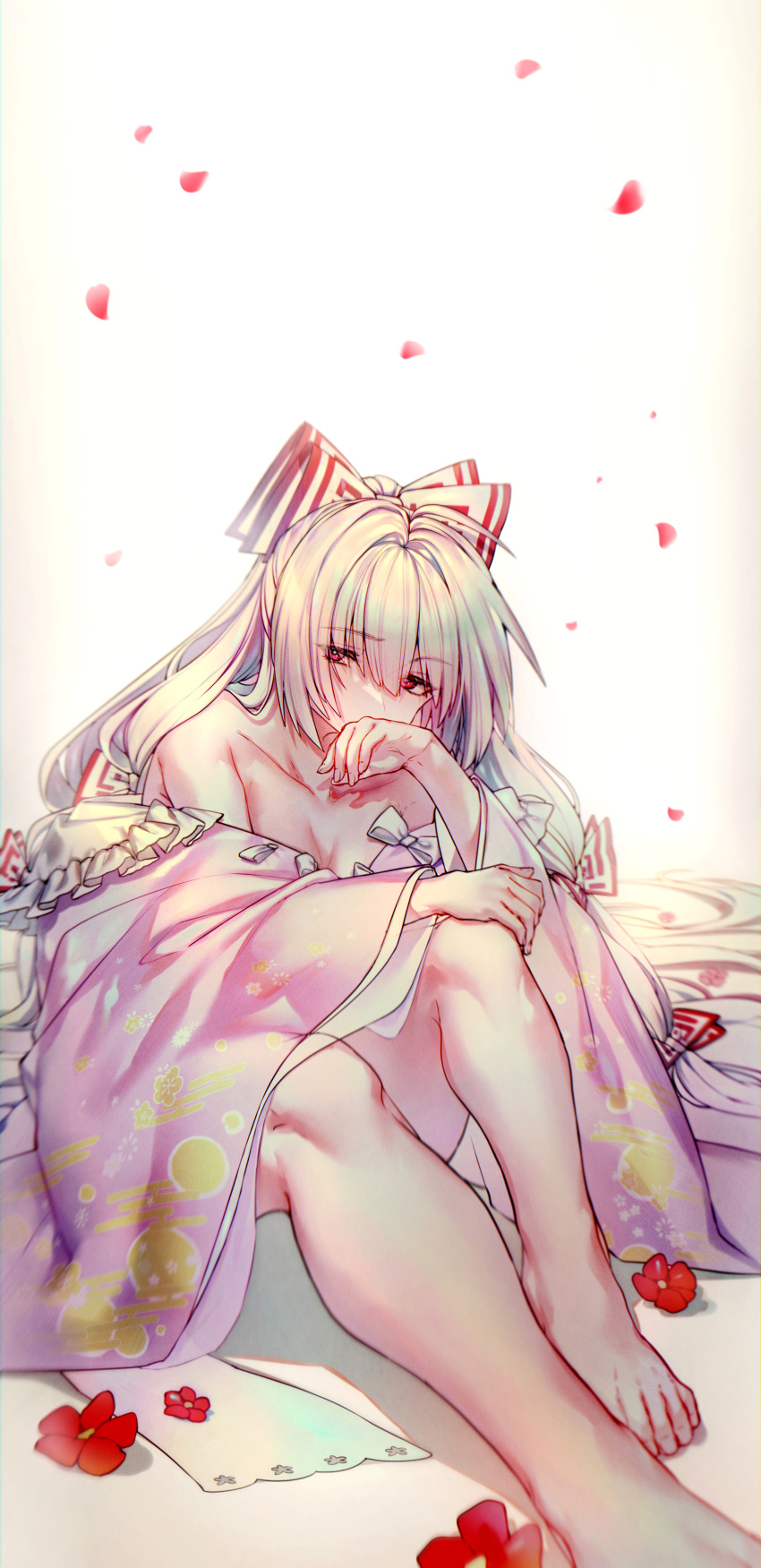 1girl absurdres bangs bare_shoulders barefoot bow breasts cleavage collarbone commentary_request covering_mouth eyebrows_visible_through_hair falling_petals flower foot_out_of_frame foreshortening frills fujiwara_no_mokou hair_bow hands here_(hr_rz_ggg) highres japanese_clothes kimono knee_up long_hair looking_to_the_side off_shoulder petals poppy_(flower) red_bow red_eyes red_flower simple_background sitting solo toes touhou two-tone_bow very_long_hair white_background white_bow white_hair