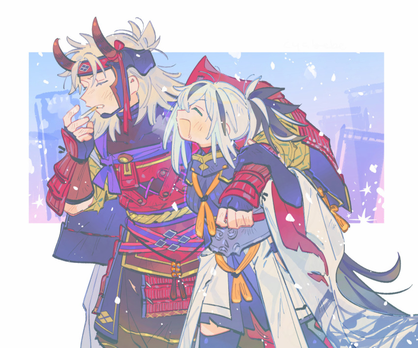 1boy 1girl arm_around_shoulder armor black_hair cheek_covers cigarette closed_eyes fake_horns fate/grand_order fate_(series) grey_hair high_ponytail horned_headwear horns japanese_armor japanese_clothes long_sleeves multicolored_hair nagao_kagetora_(fate) oneroom-disco open_mouth ponytail red_armor shoulder_armor smile smoking sode takeda_shingen_(fate) takeda_shingen_(second_ascension)_(fate) two-tone_hair uesugi_kenshin_(first_ascension)_(fate) white_hair wide_sleeves yotsuwari-bishi