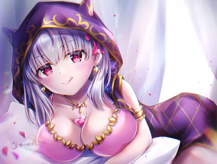 1girl amanoizu armlet bangs bare_shoulders between_breasts bikini blush breasts candy chocolate chocolate_heart chocolate_heaven_(fate/grand_order) cleavage cloak collarbone earrings fate/grand_order fate_(series) food gold_trim hair_ribbon heart hood hood_up hooded_cloak horned_hood jewelry kama_(fate) large_breasts licking_lips long_hair looking_at_viewer necklace pink_bikini purple_cloak red_eyes ribbon silver_hair smile swimsuit tongue tongue_out