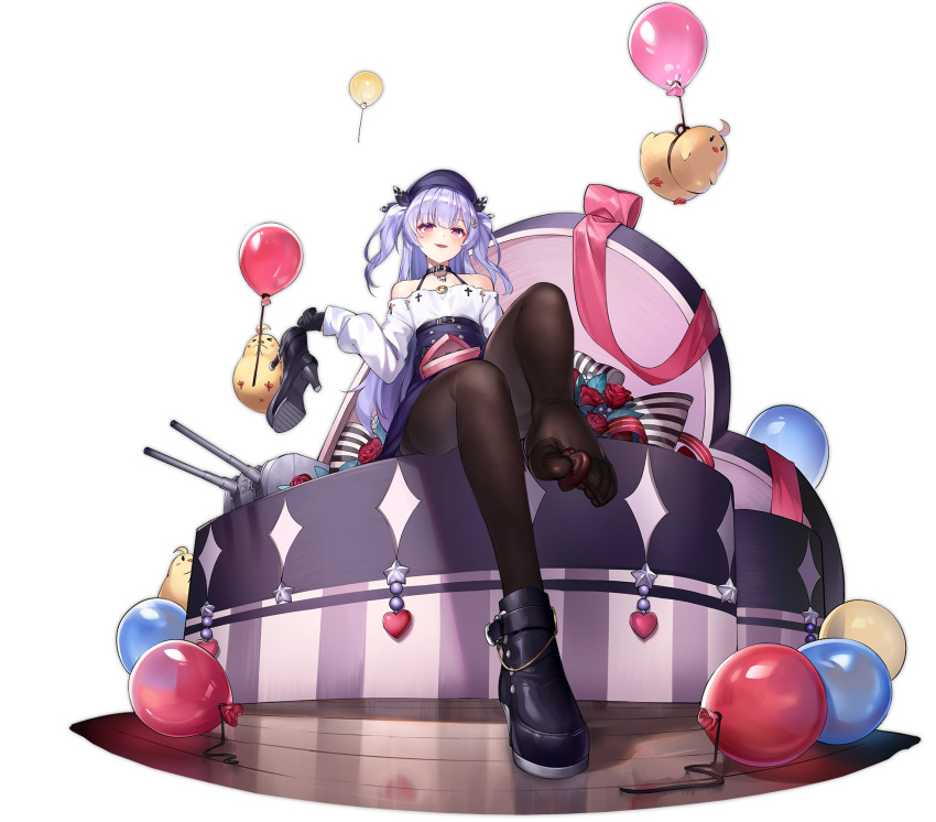 1girl ajax_(azur_lane) ajax_(valentine's_reward?)_(azur_lane) azur_lane balloon bare_shoulders between_toes black_footwear black_legwear candy chocolate chocolate_heart choker eyebrows_visible_through_hair feet food foot_focus heart heart-shaped_pupils high_heels highres holding holding_shoes jewelry kaede_(yumesaki_kaede) long_hair looking_at_viewer manjuu_(azur_lane) necklace no_shoes official_alternate_costume official_art open_mouth pantyhose purple_eyes purple_hair shoes single_shoe sitting symbol-shaped_pupils transparent_background turret two_side_up valentine