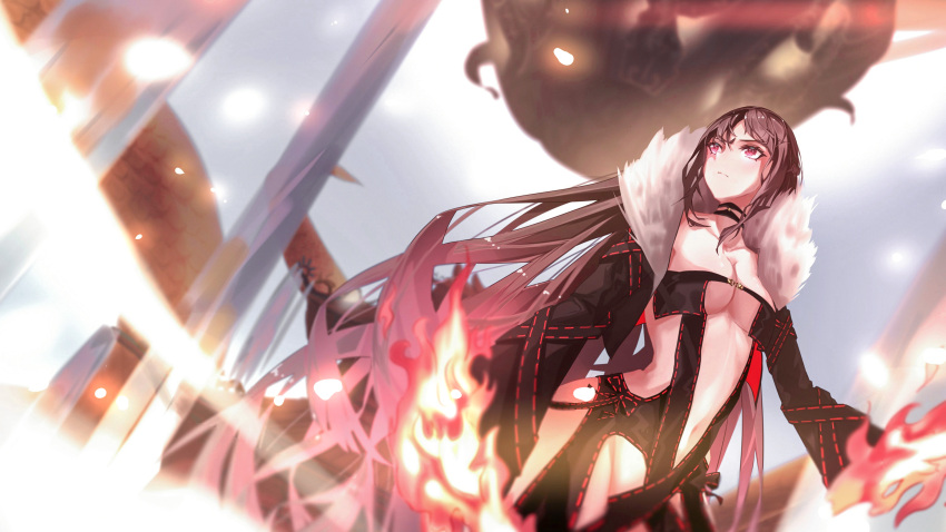 1girl absurdres bangs black_dress black_hair blurry blurry_background breasts choker closed_mouth collarbone cowboy_shot dress dress_bow fate/grand_order fate_(series) fire flaming_hand fur_trim grey_eyes hair_between_eyes highres long_hair long_sleeves looking_to_the_side medium_breasts messy_hair navel revealing_clothes sidelocks solo standing thighs very_long_hair yu_mei-ren_(fate) yuan_long