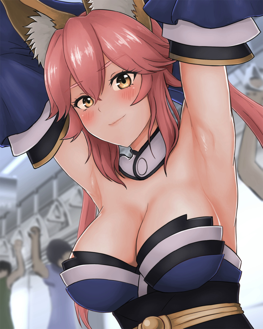 1girl animal_ear_fluff animal_ears arm_up armpits arms_up blue_kimono blush breasts cleavage eyebrows_visible_through_hair fate/extra fate/grand_order fate_(series) fox_ears fox_girl ground_vehicle highres japanese_clothes kimono large_breasts looking_at_viewer pink_hair solo sphere-stc tail tamamo_(fate)_(all) tamamo_no_mae_(fate) train yellow_eyes