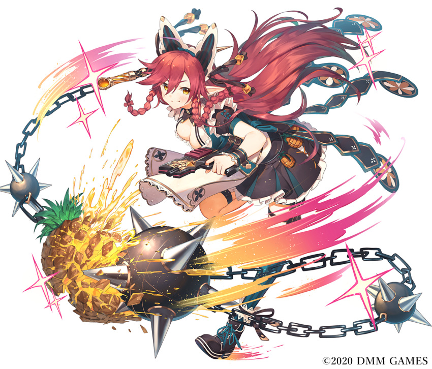 1girl ball_and_chain_(weapon) belt black_bow black_footwear black_skirt blue_legwear bow breasts cleavage closed_mouth dual_wielding earrings finger_on_trigger floating_hair food fruit full_body gemini_seed gun hair_between_eyes hair_bow handgun holding holding_gun holding_weapon jewelry kotoribako large_breasts long_hair looking_at_viewer pineapple pistol pleated_skirt pointy_ears red_bow red_hair shoes side_braids single_thighhigh skirt smile solo sparkle striped striped_legwear thighhighs vertical-striped_legwear vertical_stripes weapon yellow_eyes