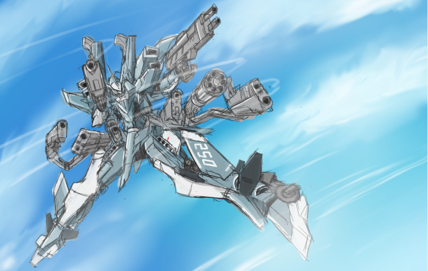 cloud dual_wielding extra_arms flying frame_arms gun handgun holding holding_gun holding_weapon mecha no_humans pistol science_fiction sketch sky solo stylet_(frame_arms) suzu_(garage516) weapon