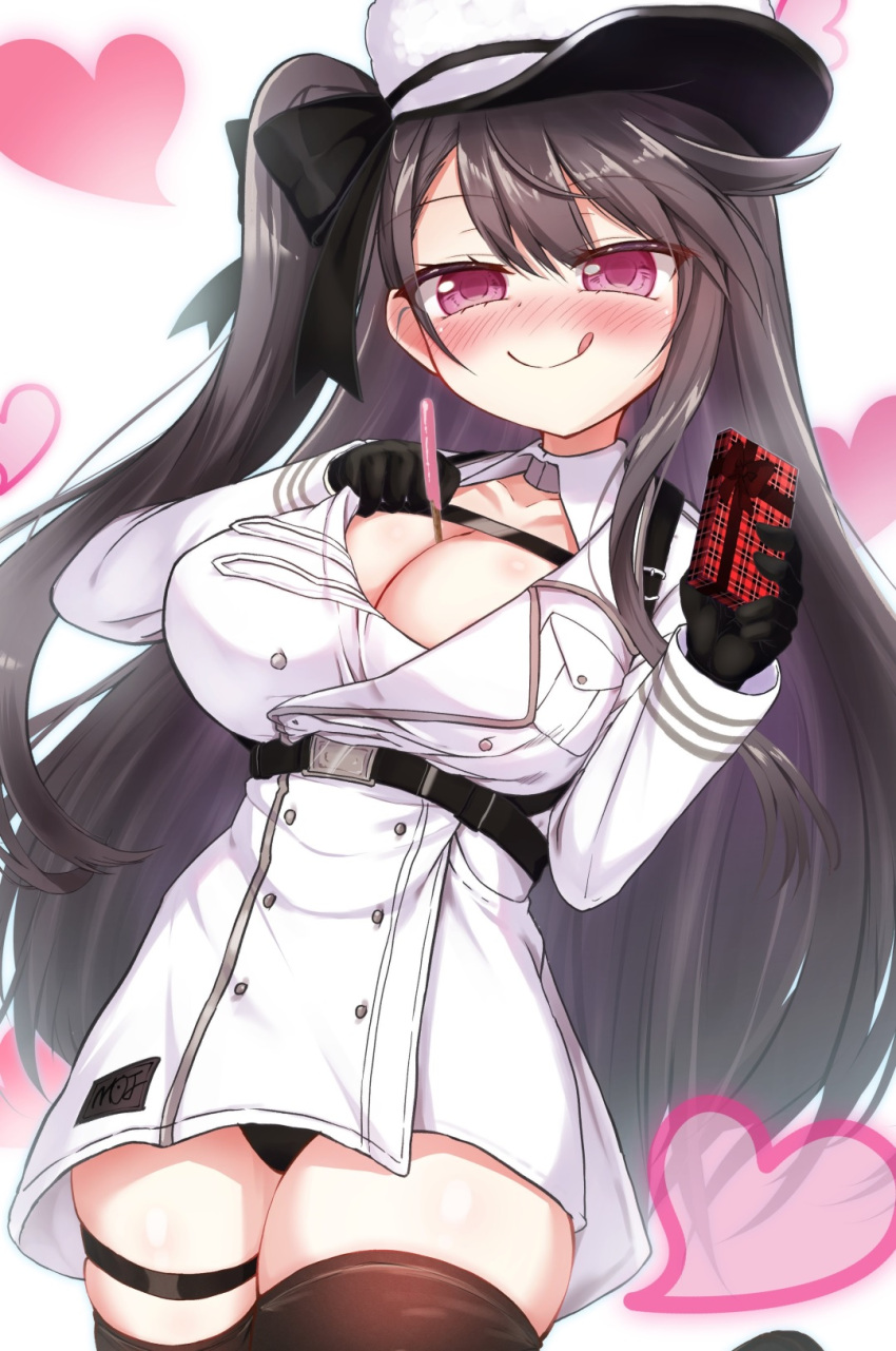 1girl :q azur_lane bangs black_gloves black_hair black_legwear black_panties black_ribbon blush box breasts cleavage closed_mouth coat_dress collarbone commentary_request cowboy_shot detached_collar dress eyebrows_visible_through_hair food food_between_breasts gift gift_box gloves hair_between_eyes hair_ribbon hand_on_own_chest hat heart heart_background highres holding holding_gift large_breasts long_hair long_sleeves looking_at_viewer mikage_(shibi) nose_blush one_side_up pamiat_merkuria_(azur_lane) panties pantyshot pocky purple_eyes ribbon sidelocks skindentation smile solo standing swept_bangs thigh_strap thighhighs tongue tongue_out underbust underwear valentine white_background white_dress white_headwear zettai_ryouiki