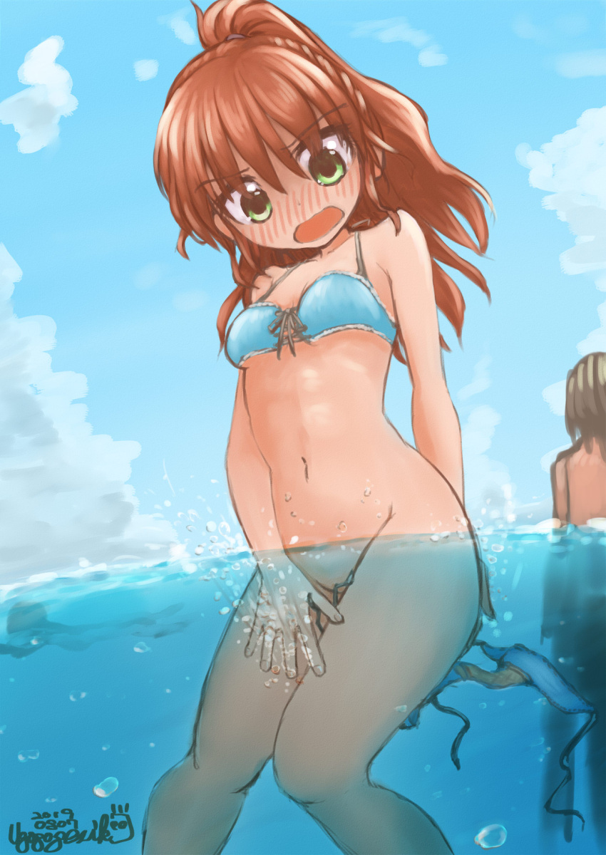 1boy 1girl artist_name bangs bare_shoulders bikini bikini_top blue_bikini blue_sky blush bottomless braid breasts brown_hair bubble cloud collarbone commentary_request covering covering_ass covering_crotch dated day embarrassed eyebrows_visible_through_hair french_braid green_eyes hair_tie highres knees_together_feet_apart long_hair looking_down motion_lines navel nose_blush ocean open_mouth original partially_submerged partially_underwater_shot ponytail shiny shiny_hair side-tie_bikini signature sky small_breasts solo_focus standing stomach swimsuit tied_hair ugogogesik wading wardrobe_malfunction water