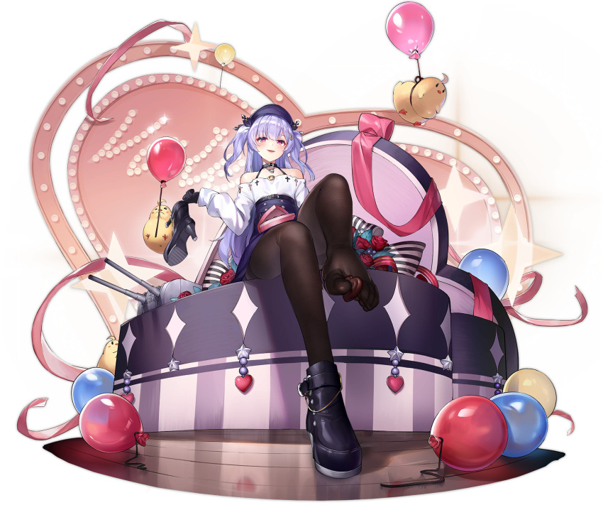 1girl ajax_(azur_lane) ajax_(valentine's_reward?)_(azur_lane) azur_lane balloon bare_shoulders between_toes black_footwear black_legwear candy chocolate chocolate_heart choker eyebrows_visible_through_hair feet food foot_focus heart heart-shaped_pupils high_heels highres holding holding_shoes jewelry kaede_(yumesaki_kaede) long_hair looking_at_viewer manjuu_(azur_lane) necklace no_shoes official_alternate_costume official_art open_mouth pantyhose purple_eyes purple_hair shoes single_shoe sitting symbol-shaped_pupils transparent_background turret two_side_up valentine