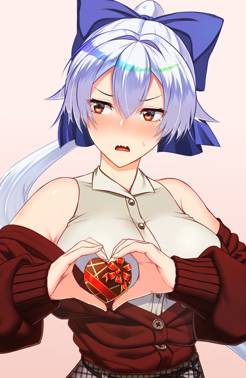 1girl bangs bare_shoulders blush box breasts contemporary fate/grand_order fate_(series) gift gift_box hair_between_eyes heart heart-shaped_boob_challenge heart-shaped_box heart_hands highres kuroshiro_(ms-2420) large_breasts long_hair looking_to_the_side off-shoulder_sweater off_shoulder open_mouth ponytail red_eyes red_sweater silver_hair sweater tomoe_gozen_(fate) valentine