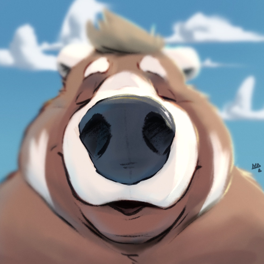 1:1 2021 ailurid anthro big_nose biped black_nose black_text blurred_background brown_body brown_fur brown_markings bust_portrait cheek_tuft chubby_male cloud day digital_drawing_(artwork) digital_media_(artwork) digital_painting_(artwork) eyebrows eyes_closed facial_markings facial_tuft first_person_view front_view fur fur_markings fur_tuft grey_hair hair head_markings headshot_portrait hi_res hybrid kissing kissing_pov male mammal markings minedoo minedoo_(character) mouth_shot multicolored_body multicolored_fur nude outside portrait red_panda short_hair signature sky smile solo standing text tuft two_tone_body two_tone_fur unseen_character ursid white_body white_eyebrows white_eyes white_fur white_markings