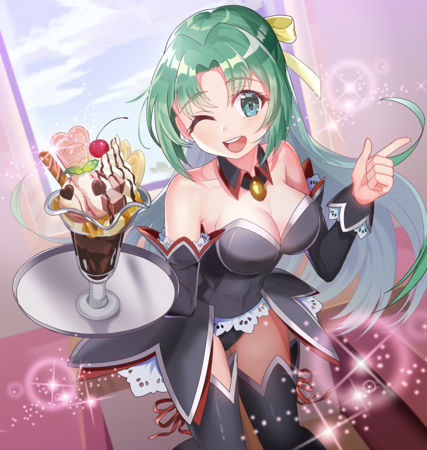 ;d absurdres angel_mort arms_up bare_shoulders bell black_legwear black_leotard black_sleeves blue_sky booth_seat breasts detached_collar detached_sleeves eyebrows_visible_through_hair green_eyes green_hair hair_ribbon half_updo highres higurashi_no_naku_koro_ni holding holding_tray indoors large_breasts leotard long_hair looking_at_viewer one_eye_closed open_mouth parfait pointing ribbon senamoto_aki sky smile sonozaki_shion sparkle thighhighs tray upper_teeth waitress window yellow_ribbon