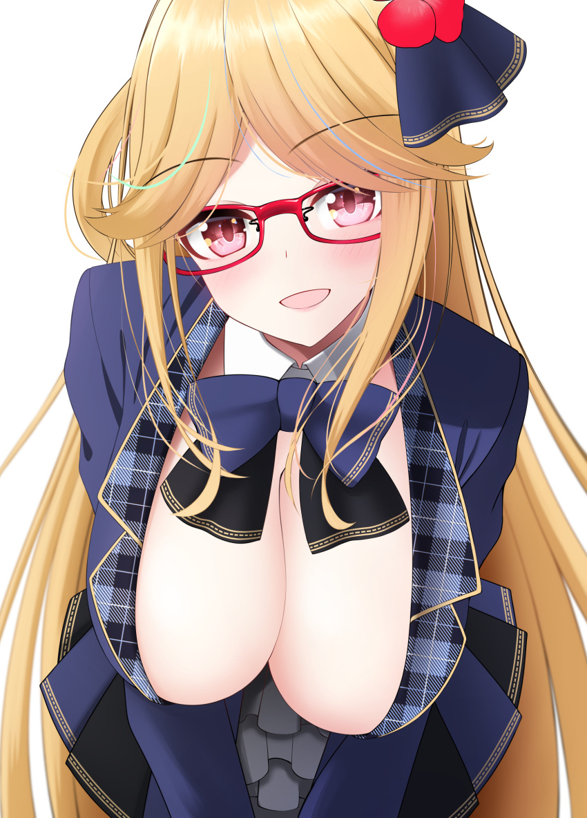 1girl absurdres bangs blonde_hair blush breasts cleavage detached_collar eyebrows_visible_through_hair glasses hair_ornament highres large_breasts leaning_forward long_hair looking_at_viewer nekobaka open_mouth original parted_bangs red-framed_eyewear red_eyes skirt solo white_background