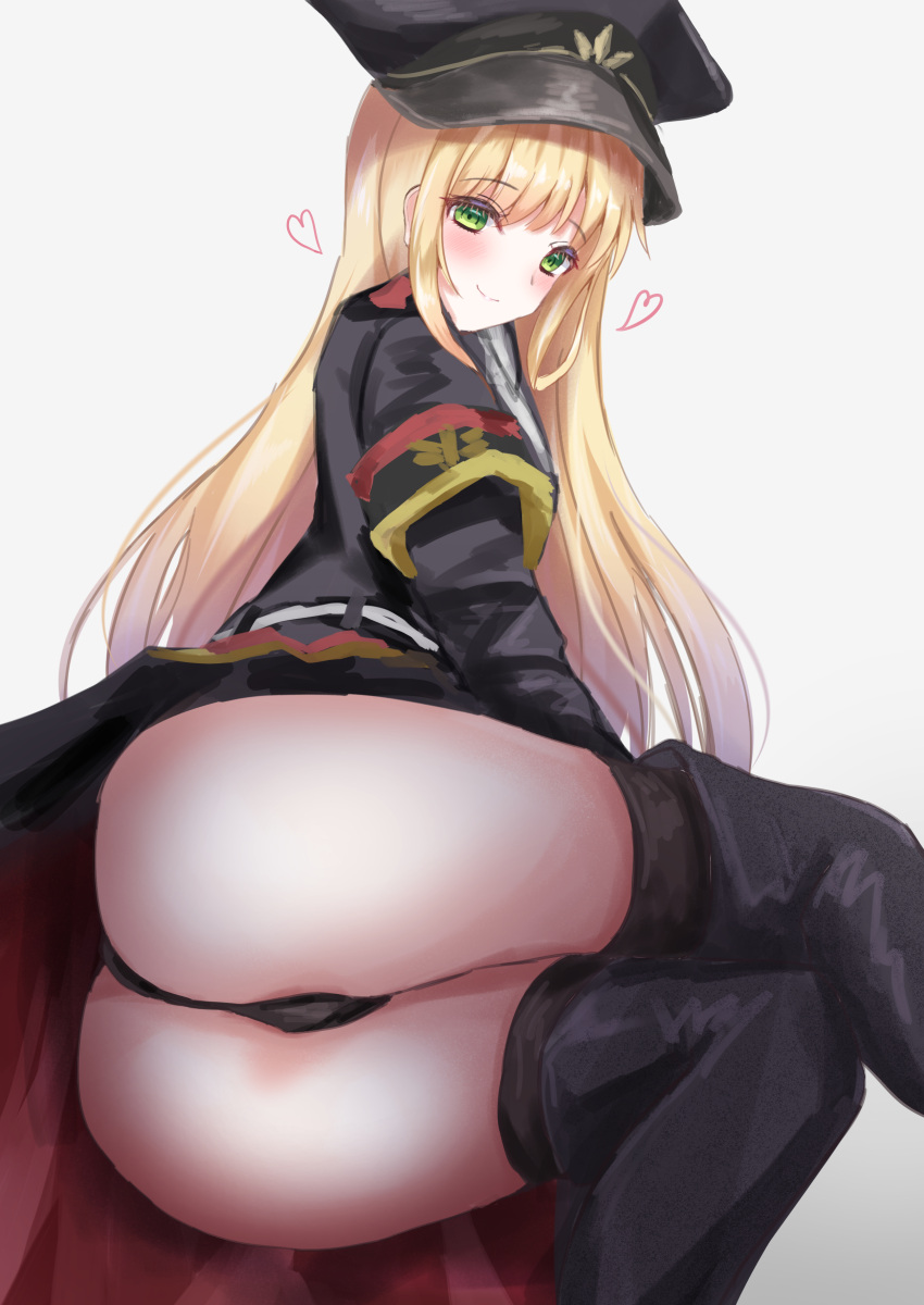 1girl absurdres ass black_footwear black_headwear black_panties blonde_hair blush boots closed_mouth eyebrows_visible_through_hair girls_frontline green_eyes hat heart heart_print highres long_hair looking_at_viewer martinreaction military military_hat military_uniform panties sitting smile solo stg44_(girls_frontline) thigh_boots thighhighs thighs underwear uniform white_background