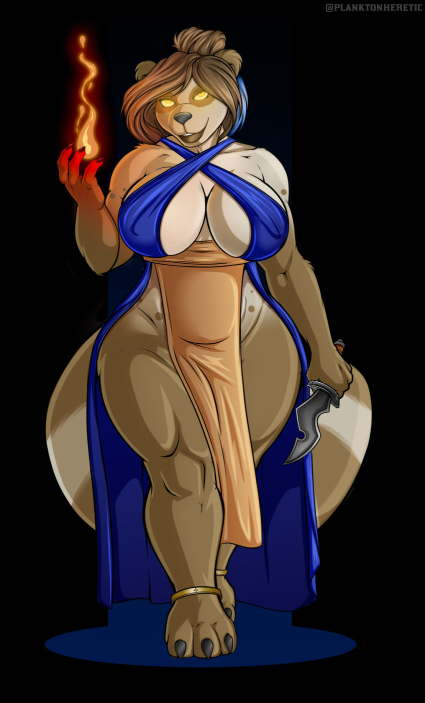 2020 ankle_band anthro big_breasts black_background blizzard_entertainment blue_highlights breasts brown_body brown_fur brown_hair claws cleavage clothed clothing dagger female finger_claws fire fur glowing glowing_eyes hair hi_res highlights_(coloring) holding_object holding_weapon magic mammal melee_weapon nipple_outline pandaren planktonheretic simple_background skimpy solo thick_thighs toe_claws ursid video_games warcraft weapon wide_hips yellow_eyes