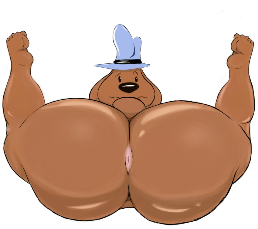 anus balls big_butt butt canid canine canis clothing domestic_dog feet genitals gypsy_king_(artist) hat headgear headwear hi_res huge_butt humanoid_feet hyper hyper_butt male mammal nude sam_and_max samuel_dog simple_background solo thick_thighs white_background