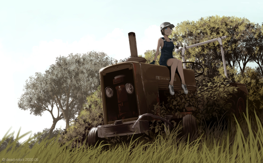 1girl artist_name baseball_cap dead-robot grass hat knees_together_feet_apart looking_at_viewer naked_overalls original outdoors overall_shorts overalls overgrown rural scenery short_hair sitting sky smile tractor tree