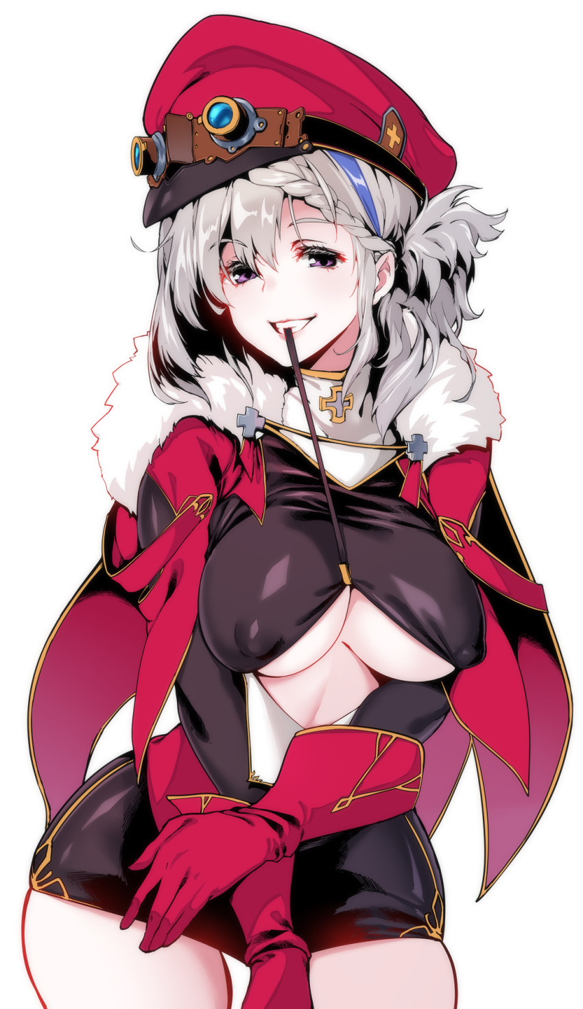 1girl alternate_costume blue_oath braid breasts cofepig eyebrows_visible_through_hair french_braid fur-trimmed_jacket fur_trim gloves graf_zeppelin_(blue_oath) grey_hair highres jacket long_hair looking_at_viewer medium_breasts multicolored_hair open_mouth purple_eyes red_gloves smile solo white_background