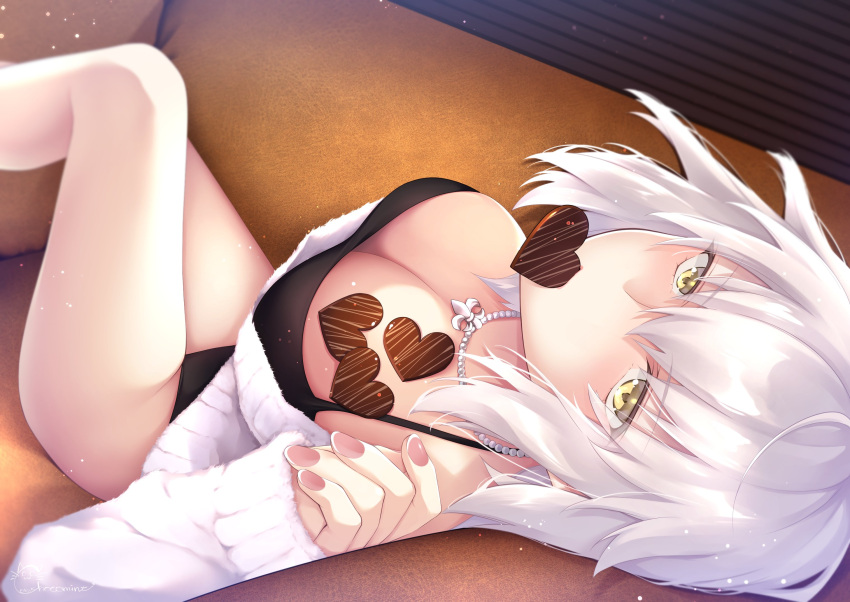 1girl bangs bare_shoulders black_camisole blush breasts camisole candy chocolate chocolate_heart chocolate_on_breasts chocomint725 cleavage contemporary couch fate/grand_order fate_(series) food heart highres jeanne_d'arc_(alter)_(fate) jeanne_d'arc_(fate)_(all) jewelry large_breasts long_sleeves looking_at_viewer mouth_hold necklace off-shoulder_sweater off_shoulder ribbed_sweater short_hair silver_hair sitting sweater thighs valentine white_sweater yellow_eyes