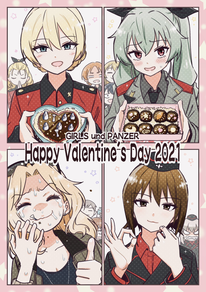 alisa_(girls_und_panzer) anchovy_(girls_und_panzer) anzio_military_uniform assam_(girls_und_panzer) blonde_hair blush box carpaccio_(girls_und_panzer) chocolate darjeeling_(girls_und_panzer) drill_hair gift girls_und_panzer green_hair hair_ribbon heart heart-shaped_box highres hone_(honehone083) itsumi_erika kay_(girls_und_panzer) kuromorimine_military_uniform long_hair multiple_girls naomi_(girls_und_panzer) nishizumi_maho open_mouth orange_pekoe_(girls_und_panzer) pepperoni_(girls_und_panzer) red_eyes ribbon st._gloriana's_military_uniform stargazy_pie sweat sweating_profusely tears thumbs_up twin_drills twintails valentine