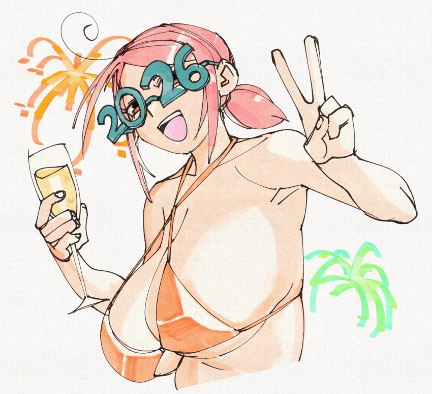 1girl 2026 3amsoda ahoge alcohol bare_shoulders bikini breasts brown_eyes champagne commentary criss-cross_halter cup english_commentary fireworks glasses halterneck holding holding_cup huge_breasts looking_at_viewer new_year number_glasses open_mouth orange_bikini original parted_bangs pink_hair ponytail short_ponytail shrimp_girl_(3amsoda) sideboob sidelocks smile solo swimsuit underboob upper_body v