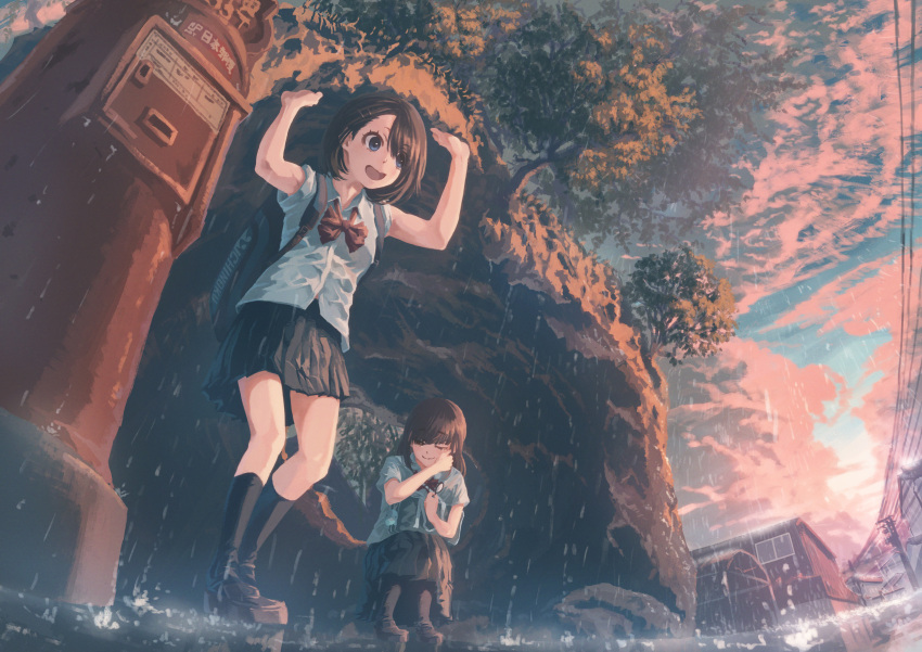 2girls absurdres backpack bag blue_eyes bow brown_eyes brown_hair cloud commentary dusk highres house lifting medium_hair michinoku. multiple_girls one_eye_closed open_mouth original outdoors postbox_(outgoing_mail) power_lines rain scenery school_bag school_uniform shoes short_hair short_sleeves skirt sky smile socks surreal tears town tree