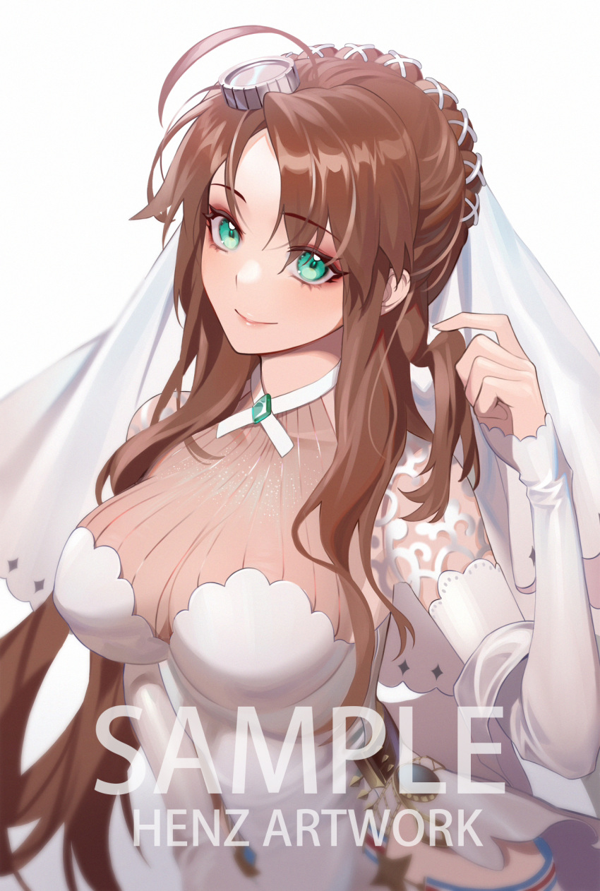 1girl artist_name braid breasts bridal_veil bride brown_hair closed_mouth dress english_text eyebrows_visible_through_hair girls_frontline green_eyes hair_ornament henz highres jewelry large_breasts lee-enfield_(girls_frontline) long_hair looking_at_viewer ring sample smile solo veil wedding wedding_band wedding_dress white_background white_dress