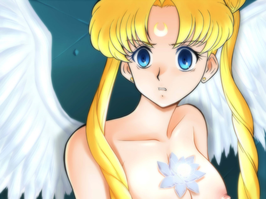 1girl bangs bishoujo_senshi_sailor_moon blonde_hair blue_eyes breasts collarbone crescent derivative_work earrings facial_mark forehead_mark gem glamour_works hair_bun jewelry long_hair maboroshi_no_ginzuishou medium_breasts nipples parted_bangs sailor_moon_redraw_challenge screencap_redraw solo stud_earrings topless tsukino_usagi twintails upper_body